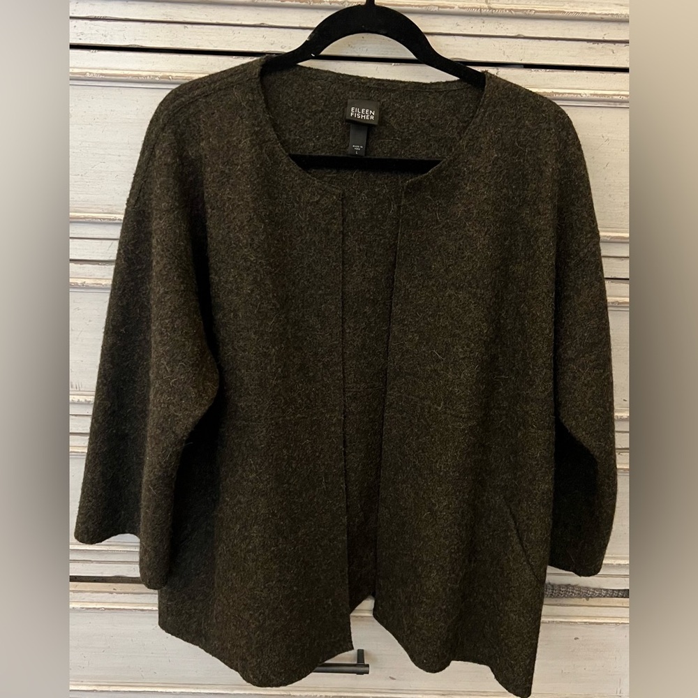 Eileen Fisher Felted Alpaca Wool Mélange Jacket 3/4 Sleeve Brown Size Large - Picture 3 of 6